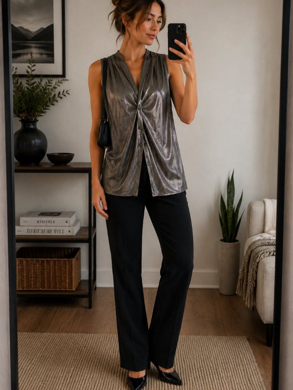 Brauns Line Metallic Silver Draped Button Front Top Vintage Y2K